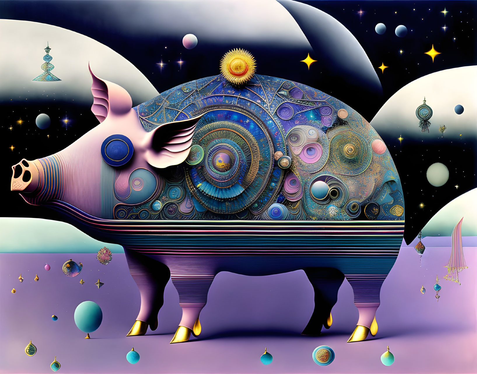 Colorful surreal pig illustration with cosmic patterns on body.