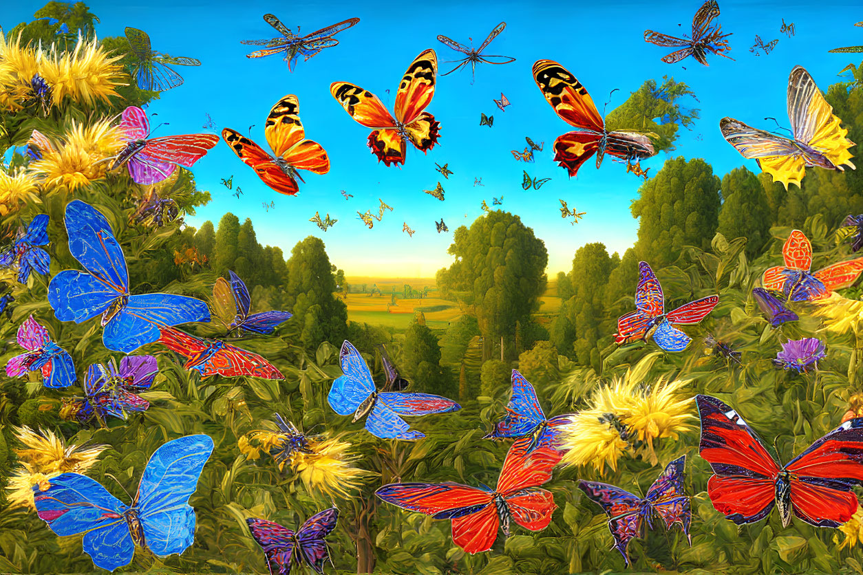 Colorful Butterflies Fluttering Over Vibrant Meadow Under Blue Sky