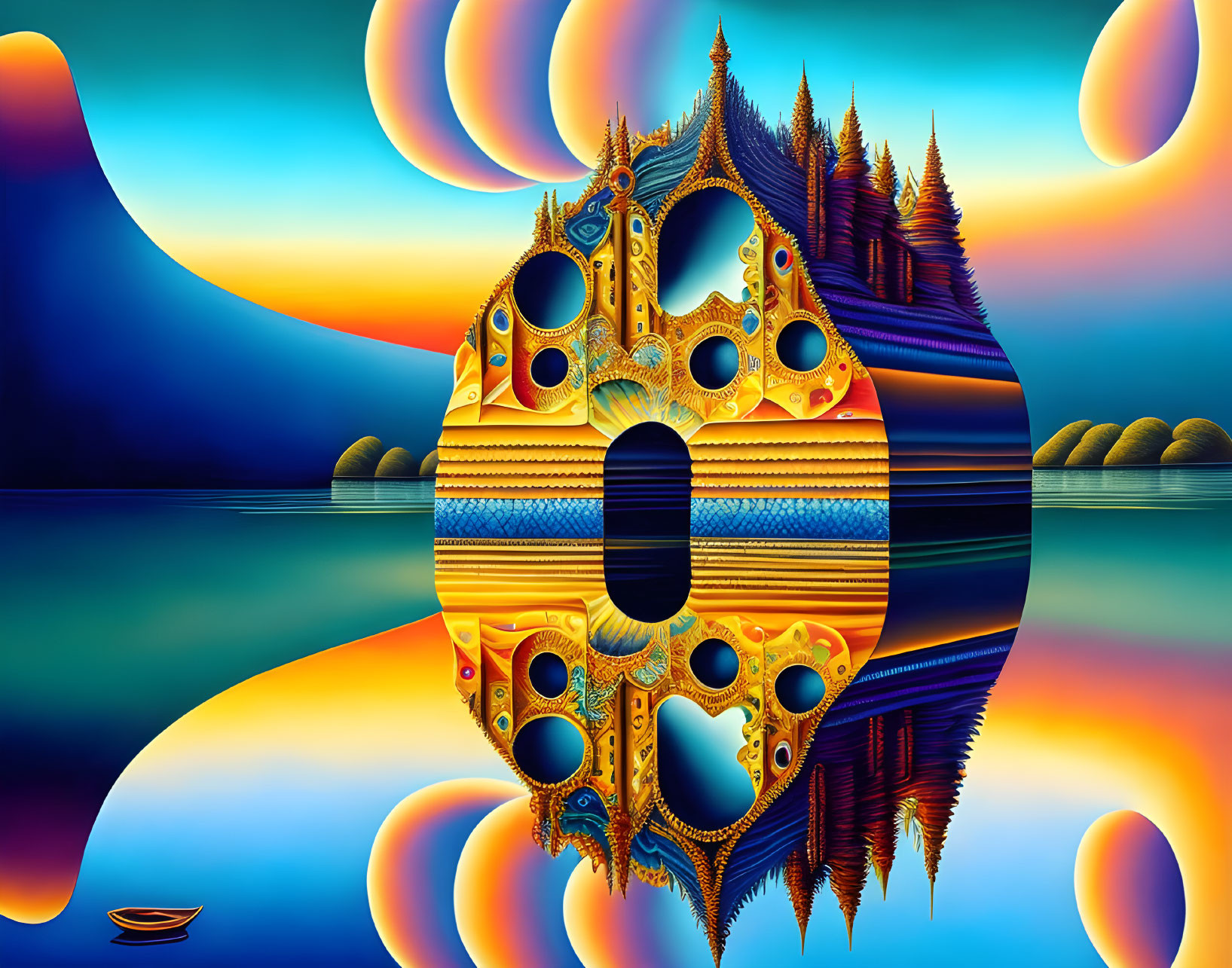 Fractal-designed floating island in surreal landscape with moons