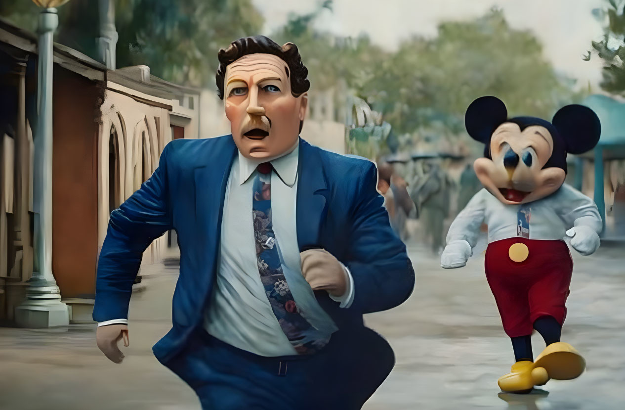 Man in Blue Suit Running with Surprised Expression Next to Mickey Mouse in Street Setting