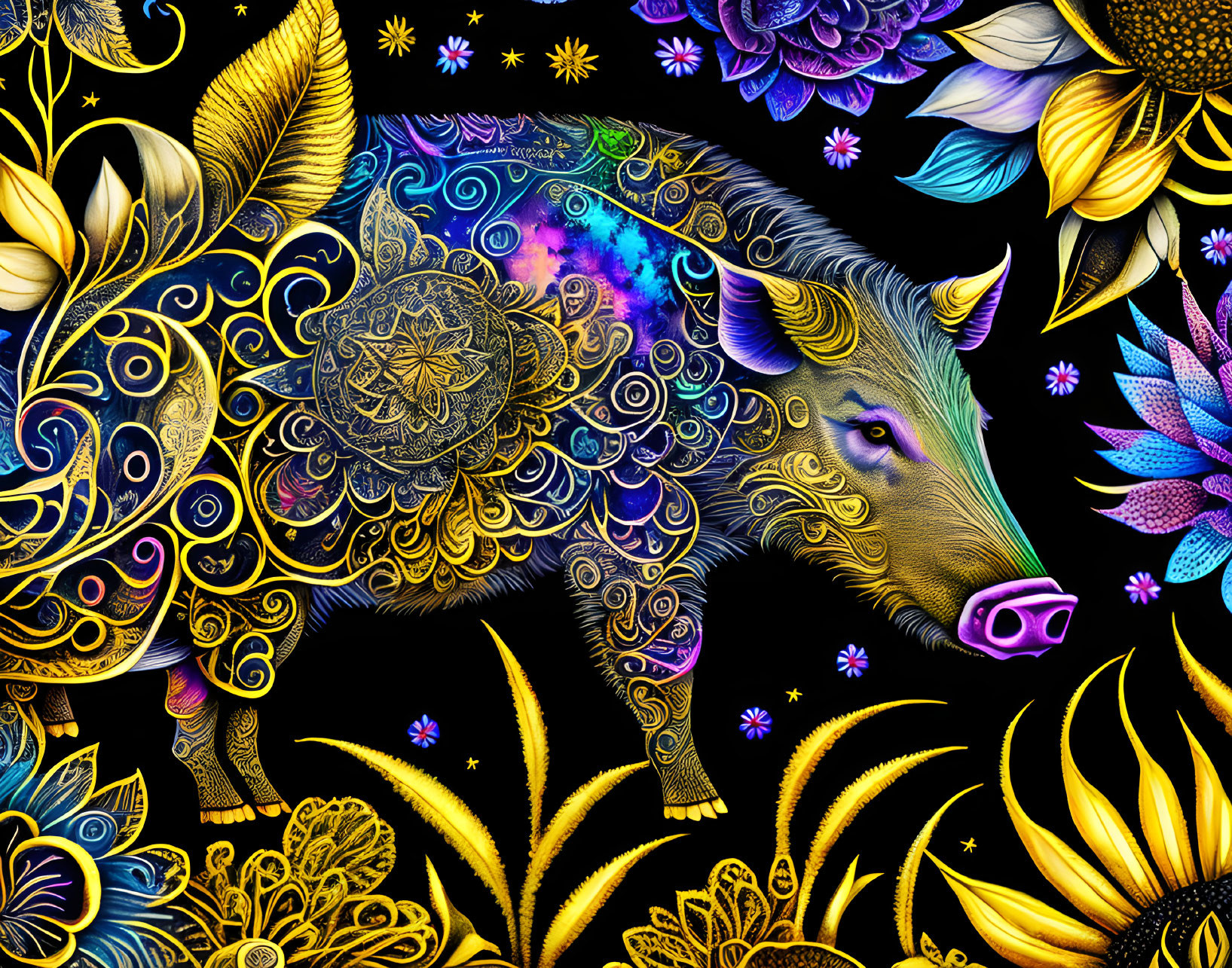 Colorful digital art featuring a golden-patterned boar, stars, and intricate flowers on black.