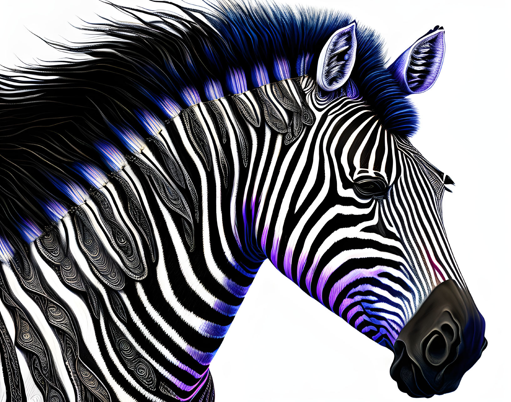 Zebra digital art: Intricate stripes with blue and purple mane