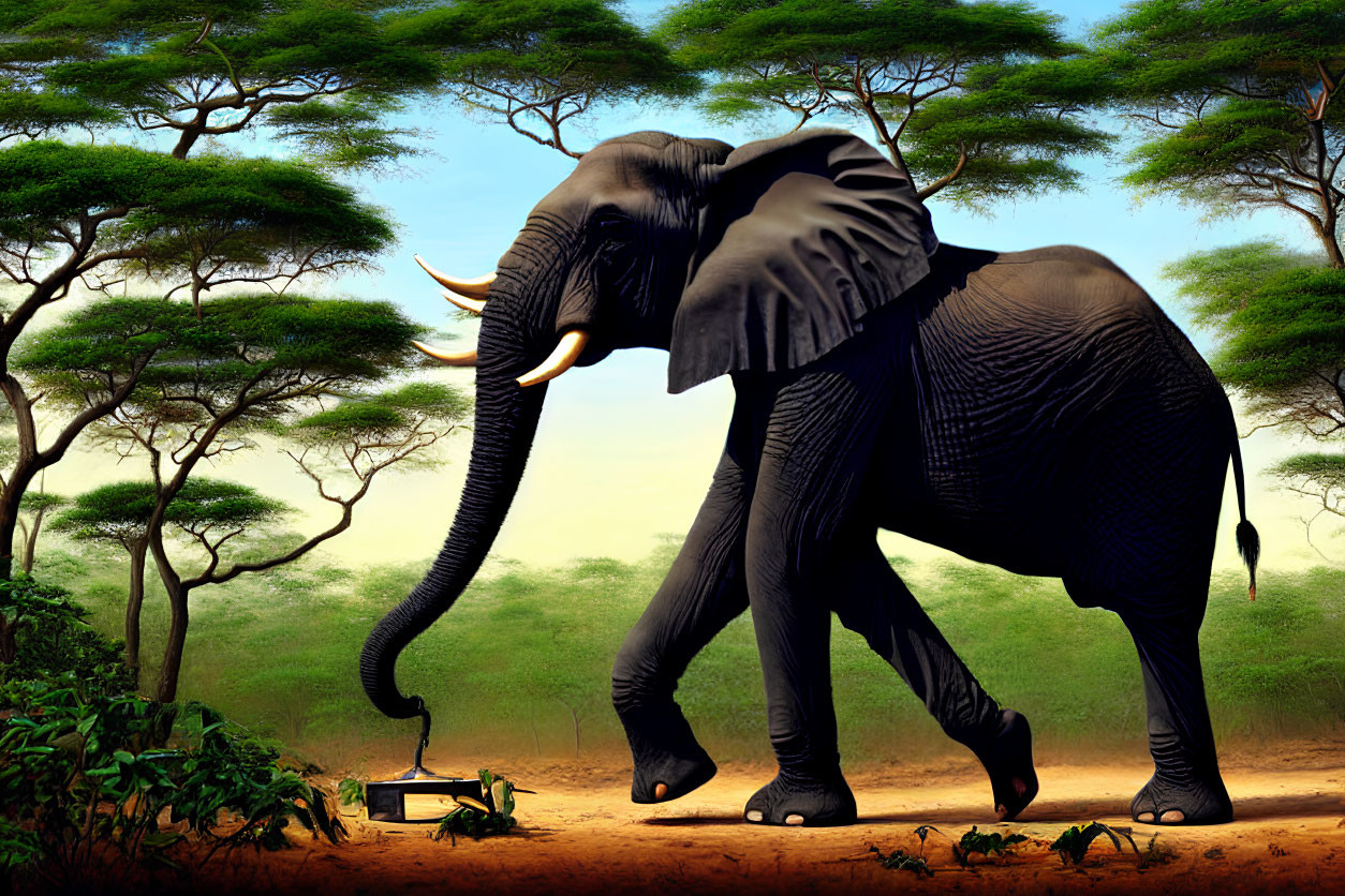 Elephant in savanna landscape with sparse trees and car