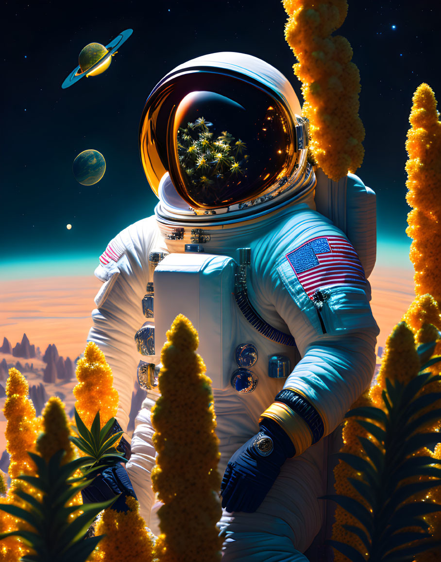 Astronaut with terrarium helmet among golden plants in surreal space scene