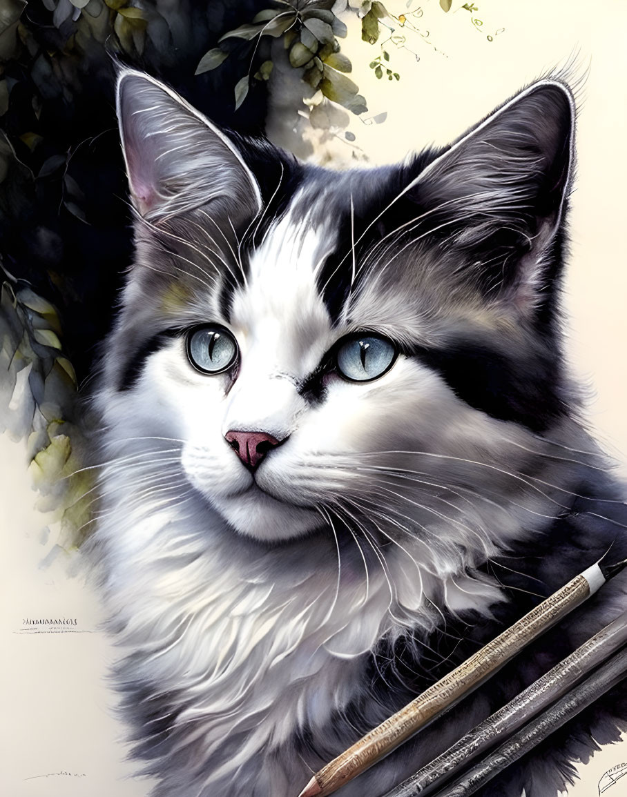 Realistic Black and White Cat Painting with Blue Eyes and Leaves