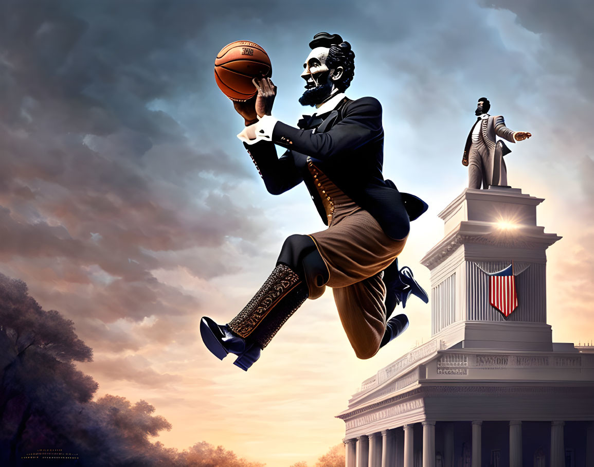 Surreal image: Abraham Lincoln slam dunk over monument with posing figure