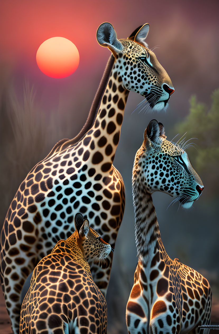 Three Giraffes with Leopard Print Patterns Against Sunset Sky