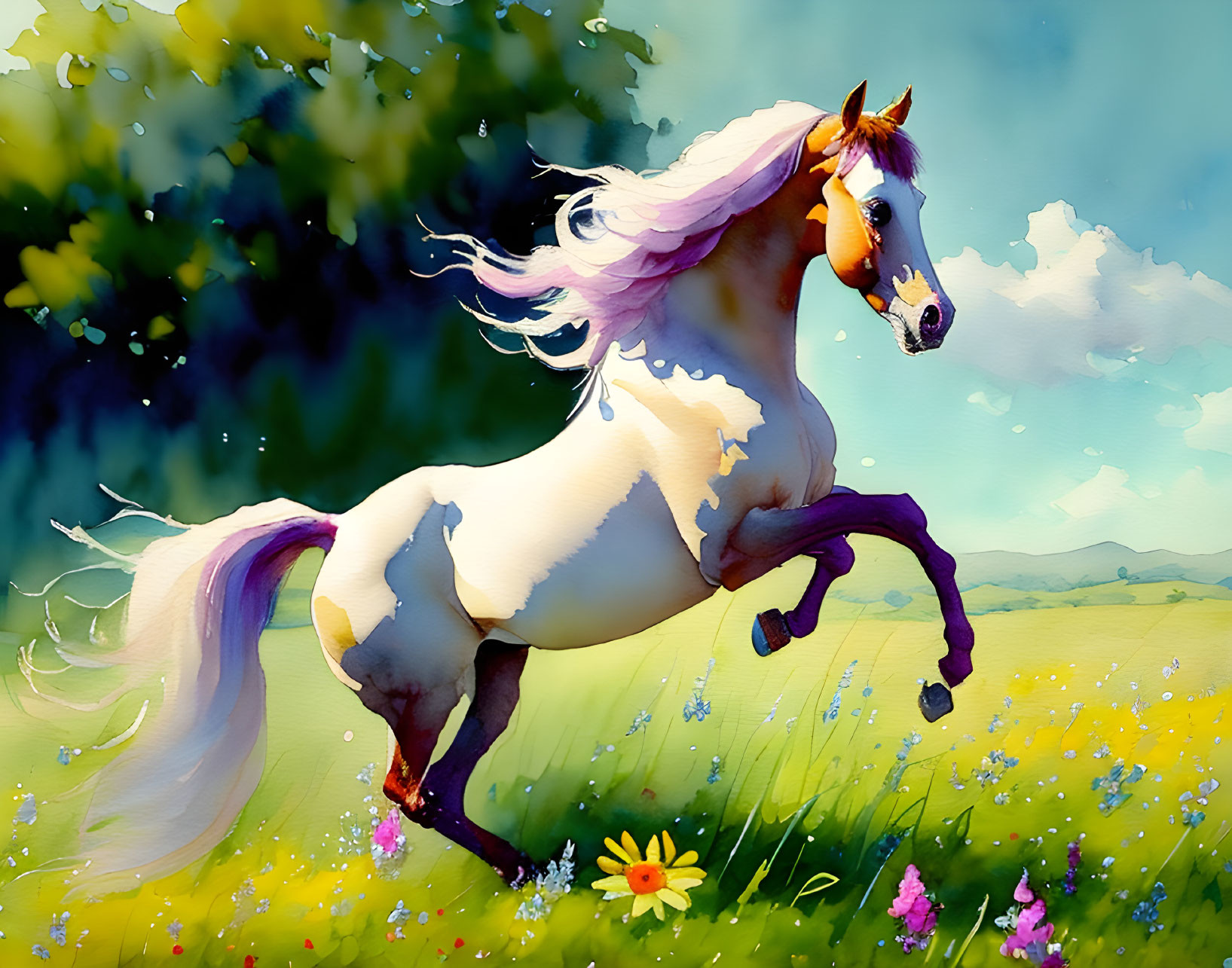 Colorful Illustration: White Horse with Purple Mane Galloping in Meadow