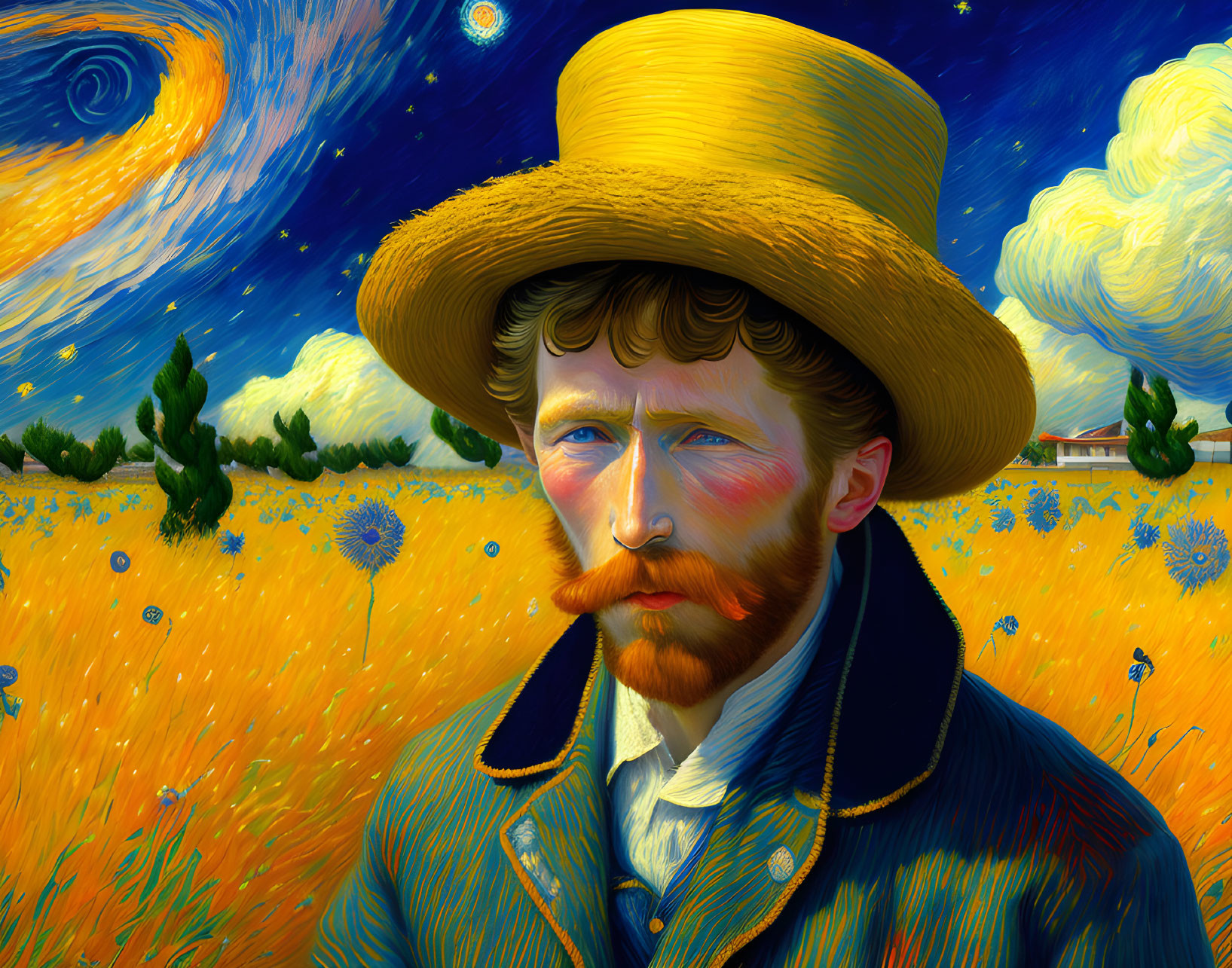 Man with Straw Hat and Red Beard in Sunflower Field Under Blue and Yellow Sky