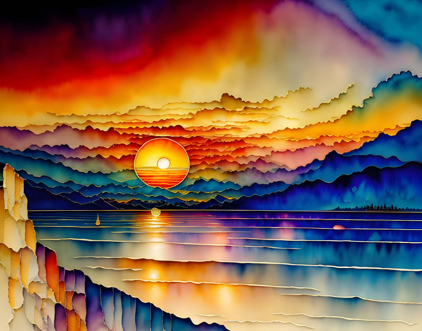 Colorful Sunset Over Layered Hills and Sailboats Reflecting on Water