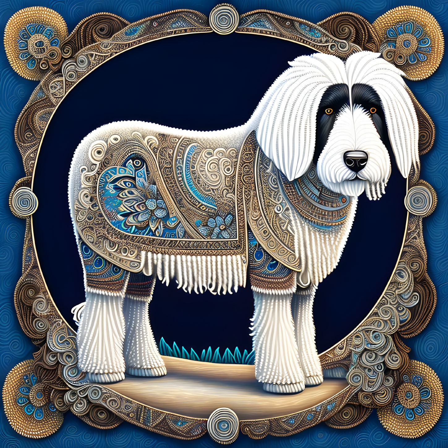 Stylized sheepdog artwork with intricate patterns on dark blue background