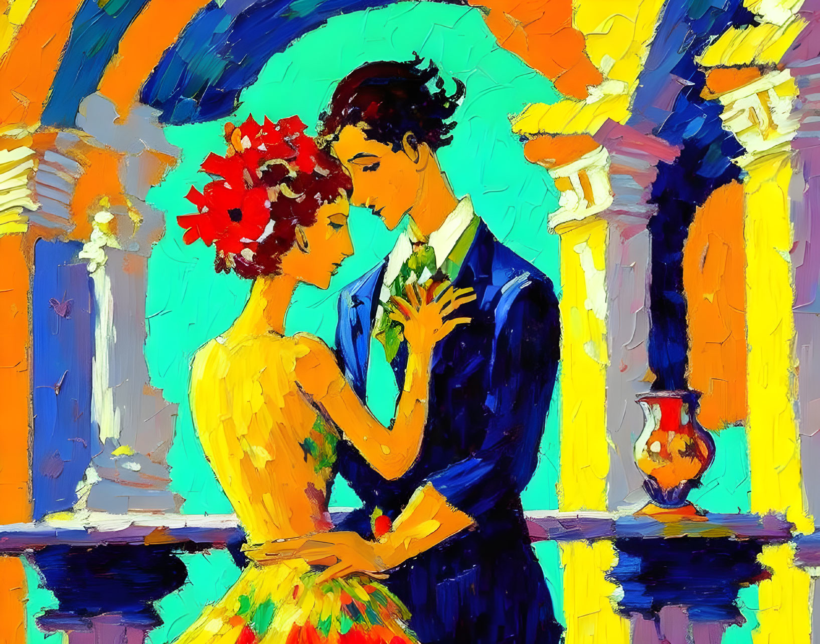 Vivid Impressionistic Painting of Embracing Couple