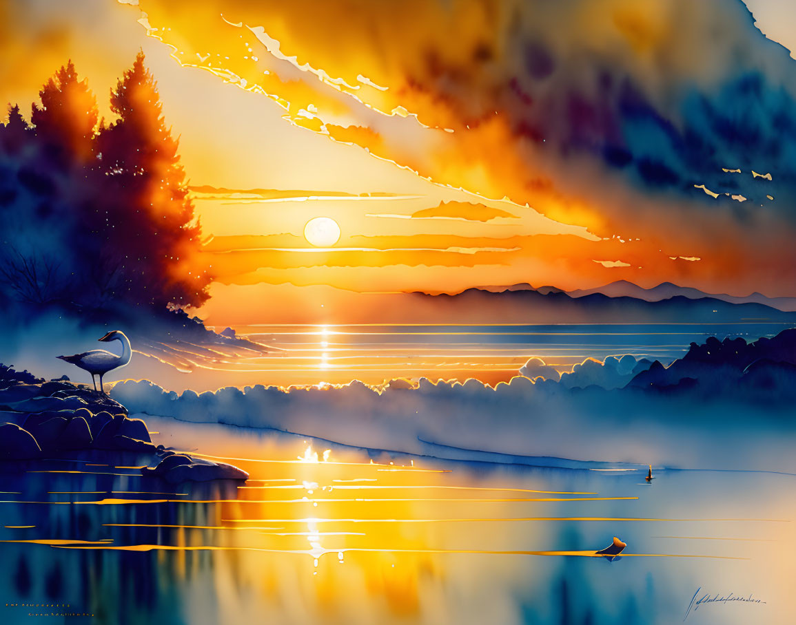 Scenic sunset artwork: golden sky, silhouetted trees, calm lake