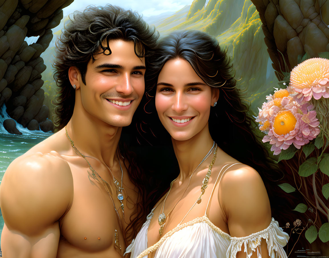 Smiling man and woman in necklaces in rocky landscape with water