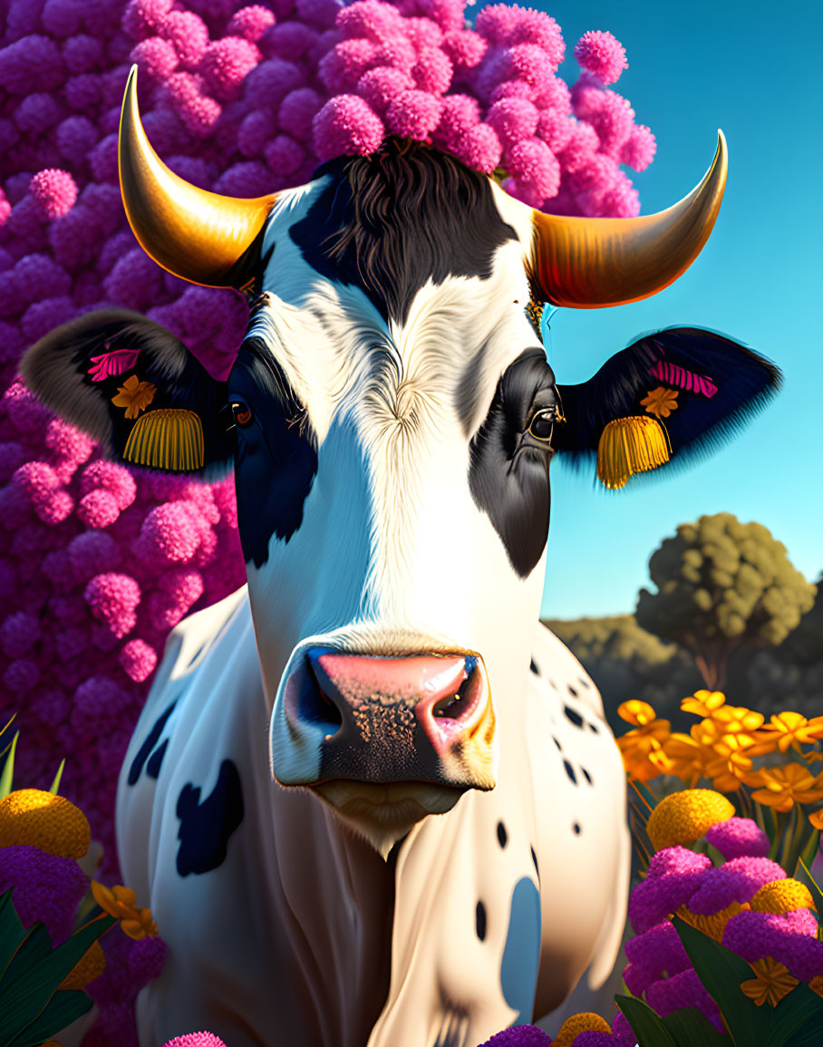 Colorful Cow Illustration Surrounded by Flowers and Foliage