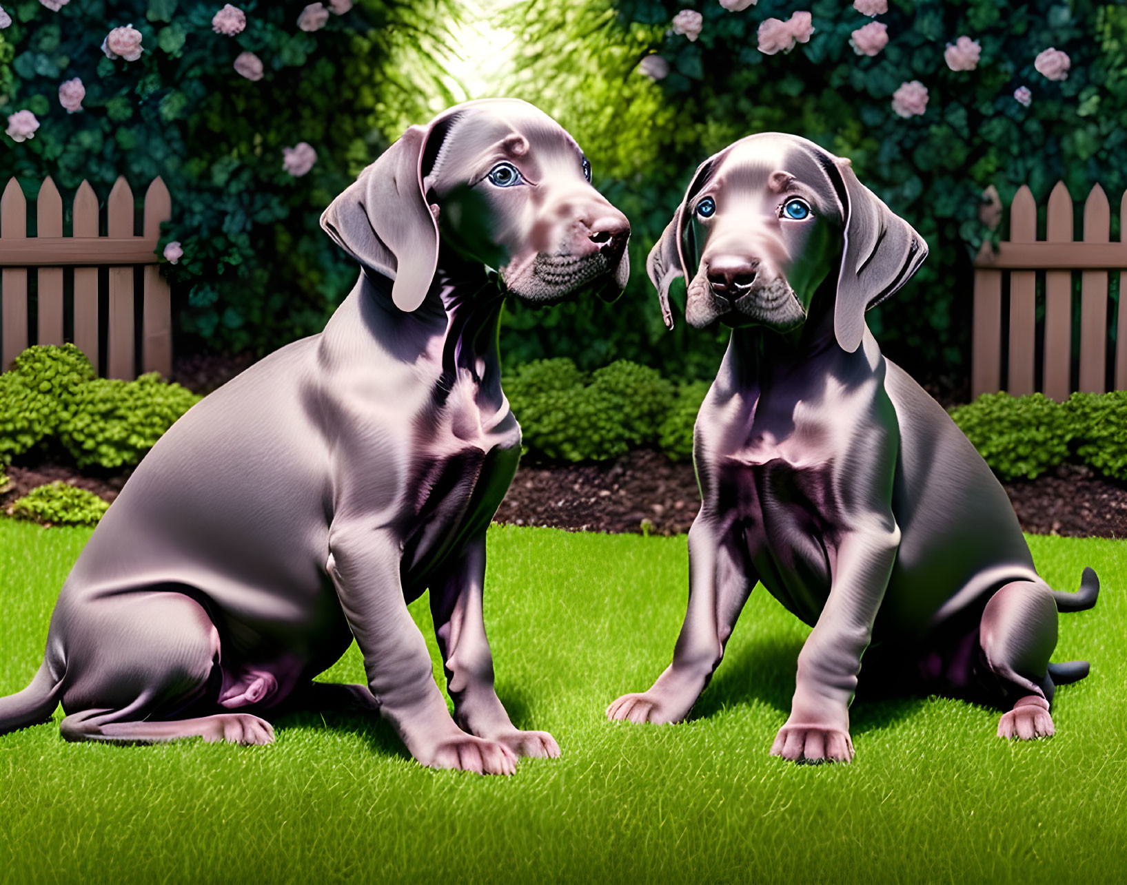 Two Weimaraner puppies on grass with picket fence & pink flowers