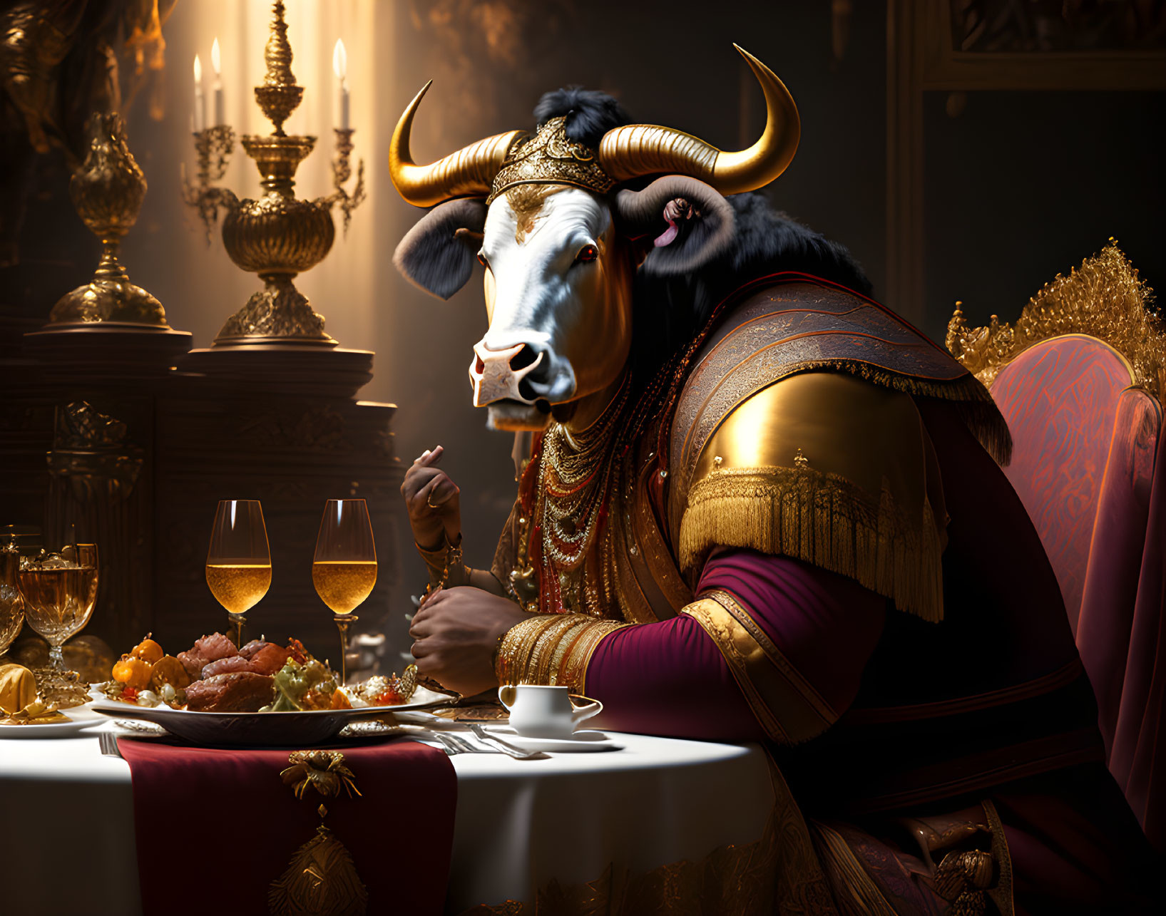 Anthropomorphic bull in royal attire at banquet table