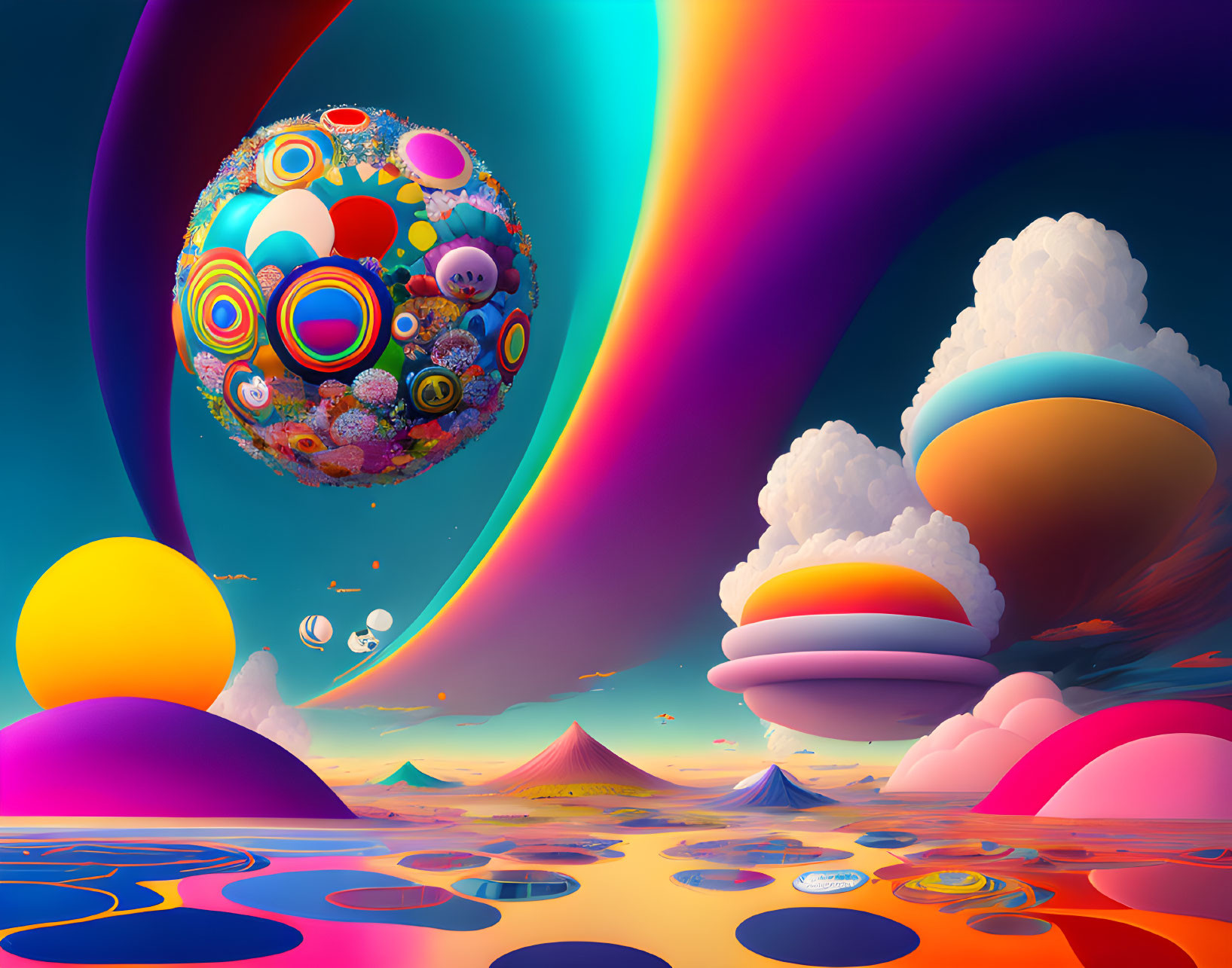 Colorful surreal landscape with rainbow arches and reflective water