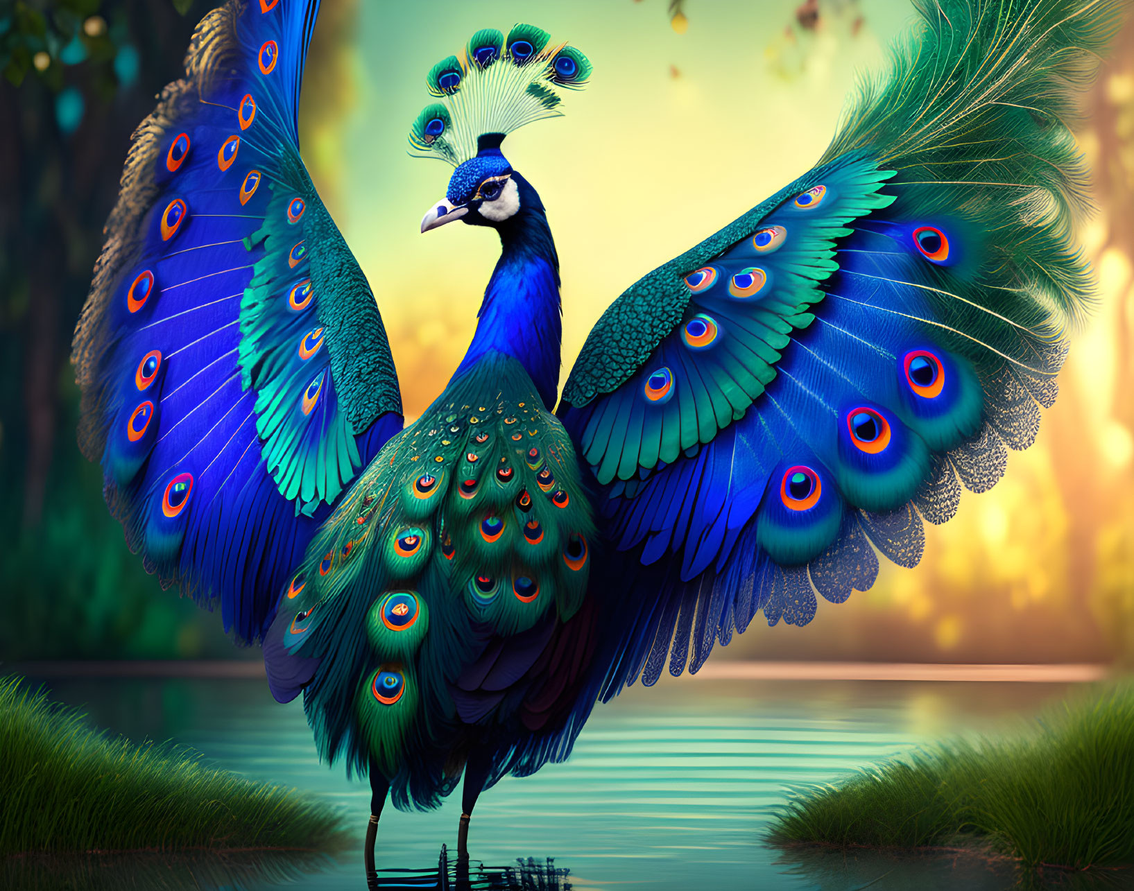 Colorful Peacock Displaying Tail Feathers by Water