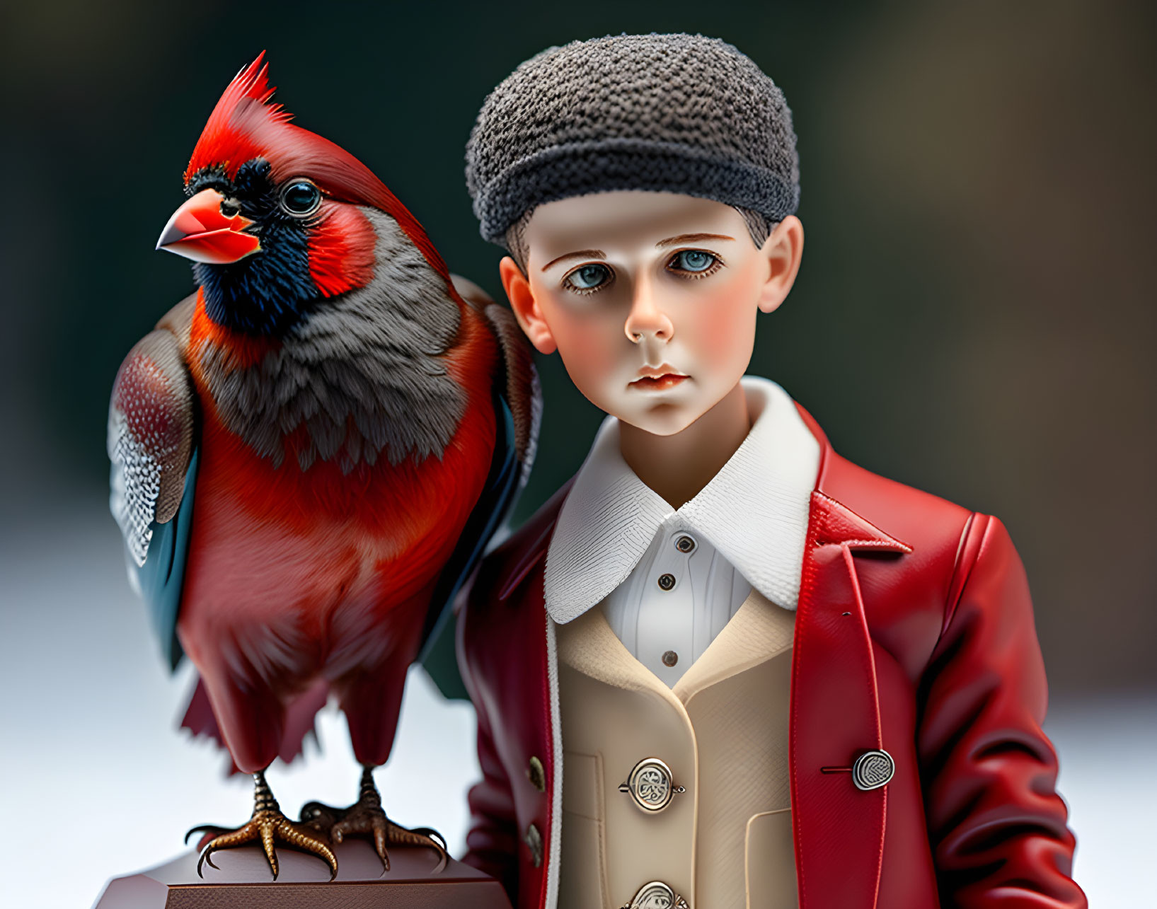 Young boy with blue eyes in cap & red jacket with cardinal bird on shoulder