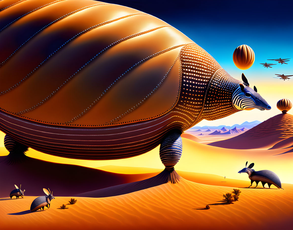 Gigantic armored tortoise in surreal desert landscape