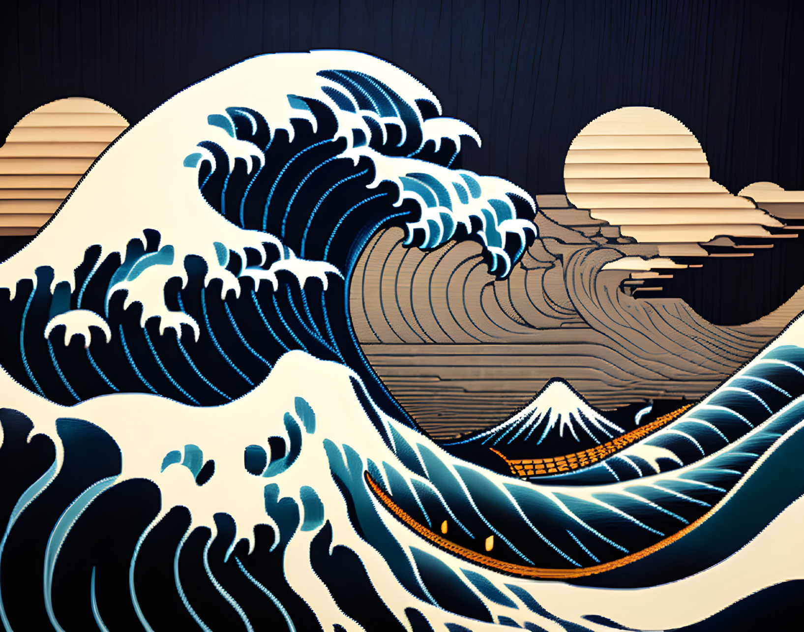 Stylized blue waves and Mount Fuji in dark backdrop