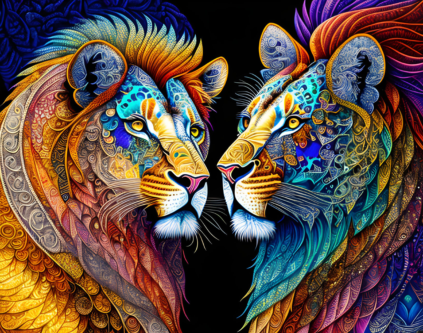 Colorful digital artwork: Two lions with vibrant patterns.