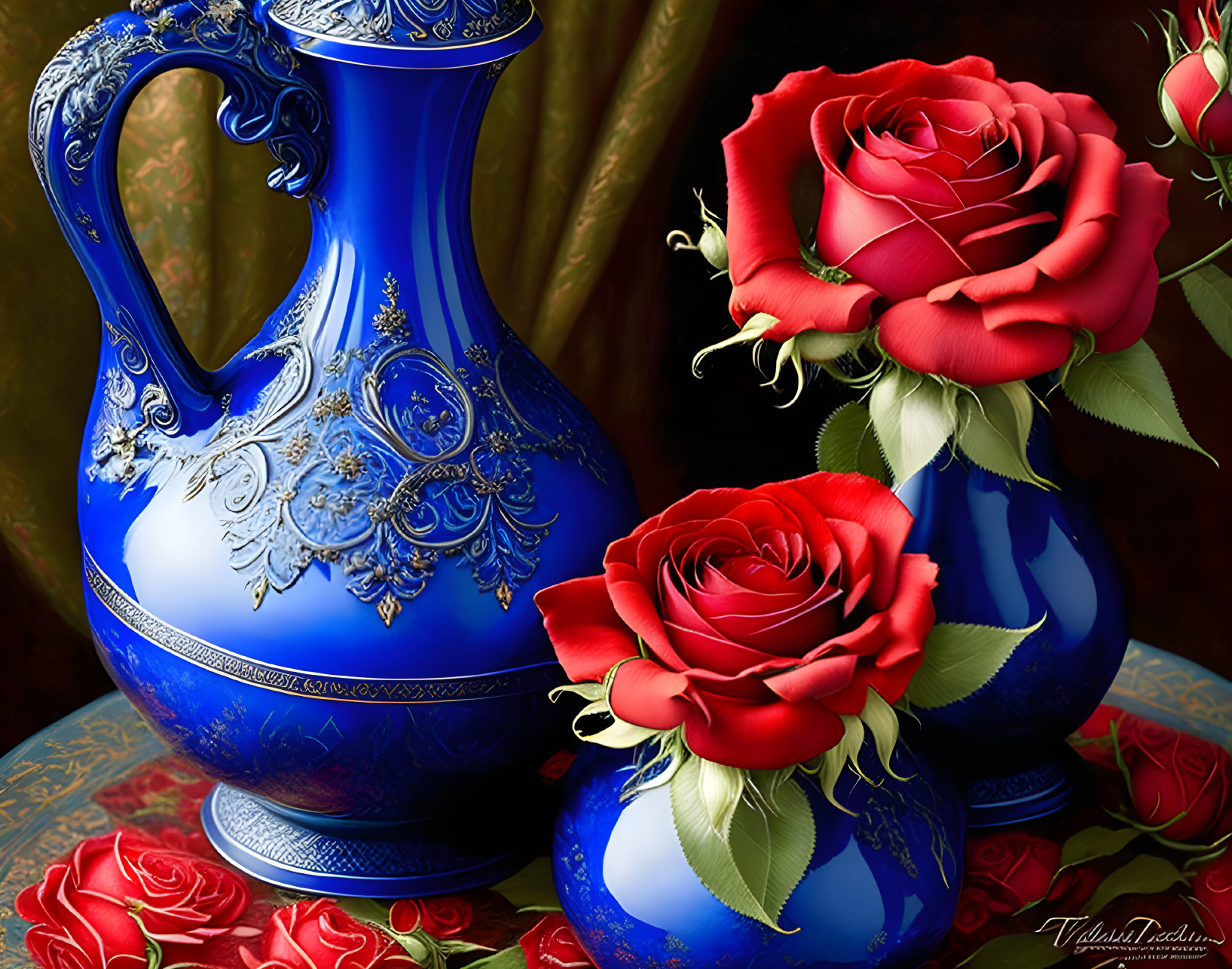 Blue Vase with Silver Patterns and Red Roses on Red and Green Background