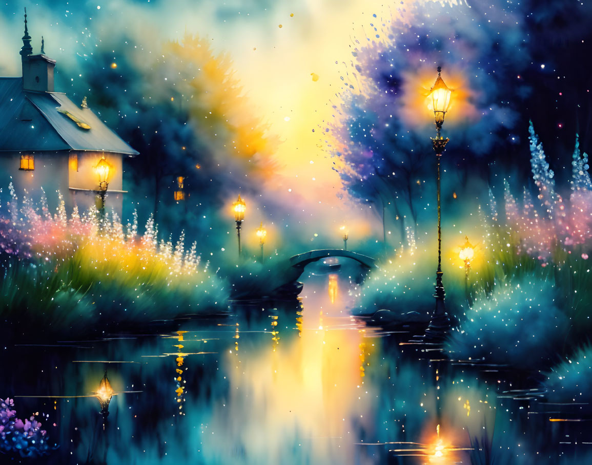 Impressionistic painting of serene evening scene with street lamps, bridge, and cozy house.