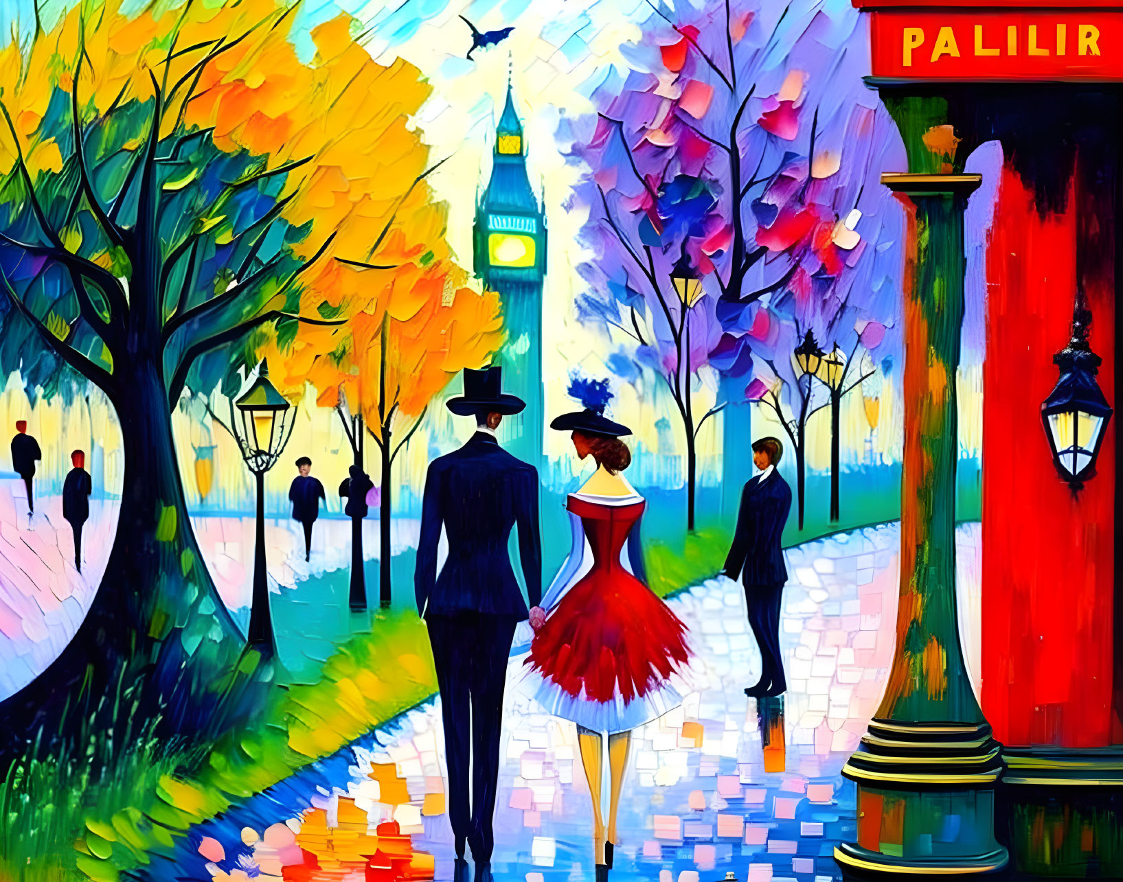 Colorful Impressionistic Painting of Couple Walking by Clock Tower