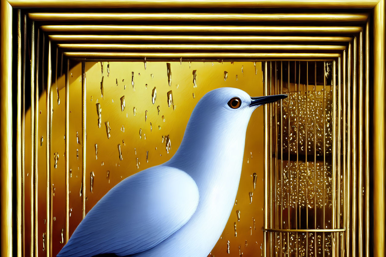 White Dove Profile on Golden Textured Background with Concentric Squares Frame