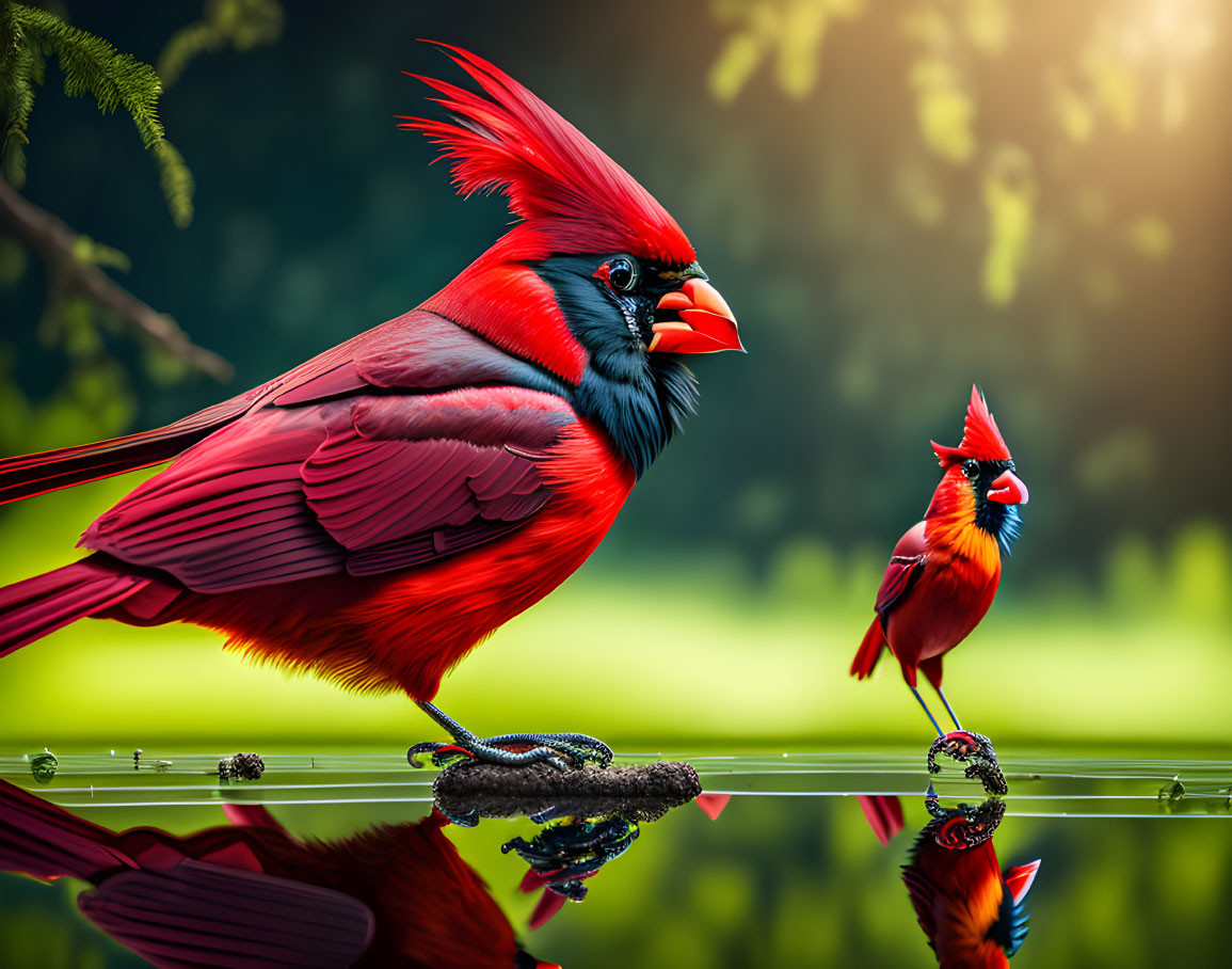 Two red cardinals on branch with reflection, green foliage background