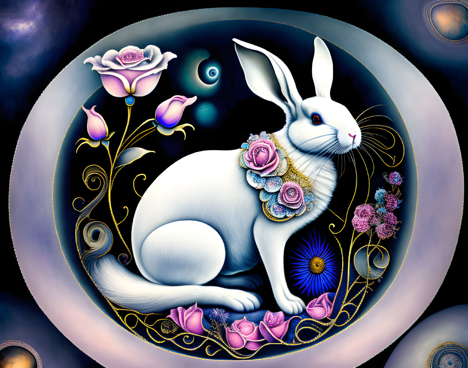 Stylized white rabbit with floral adornments in circular border against starry backdrop