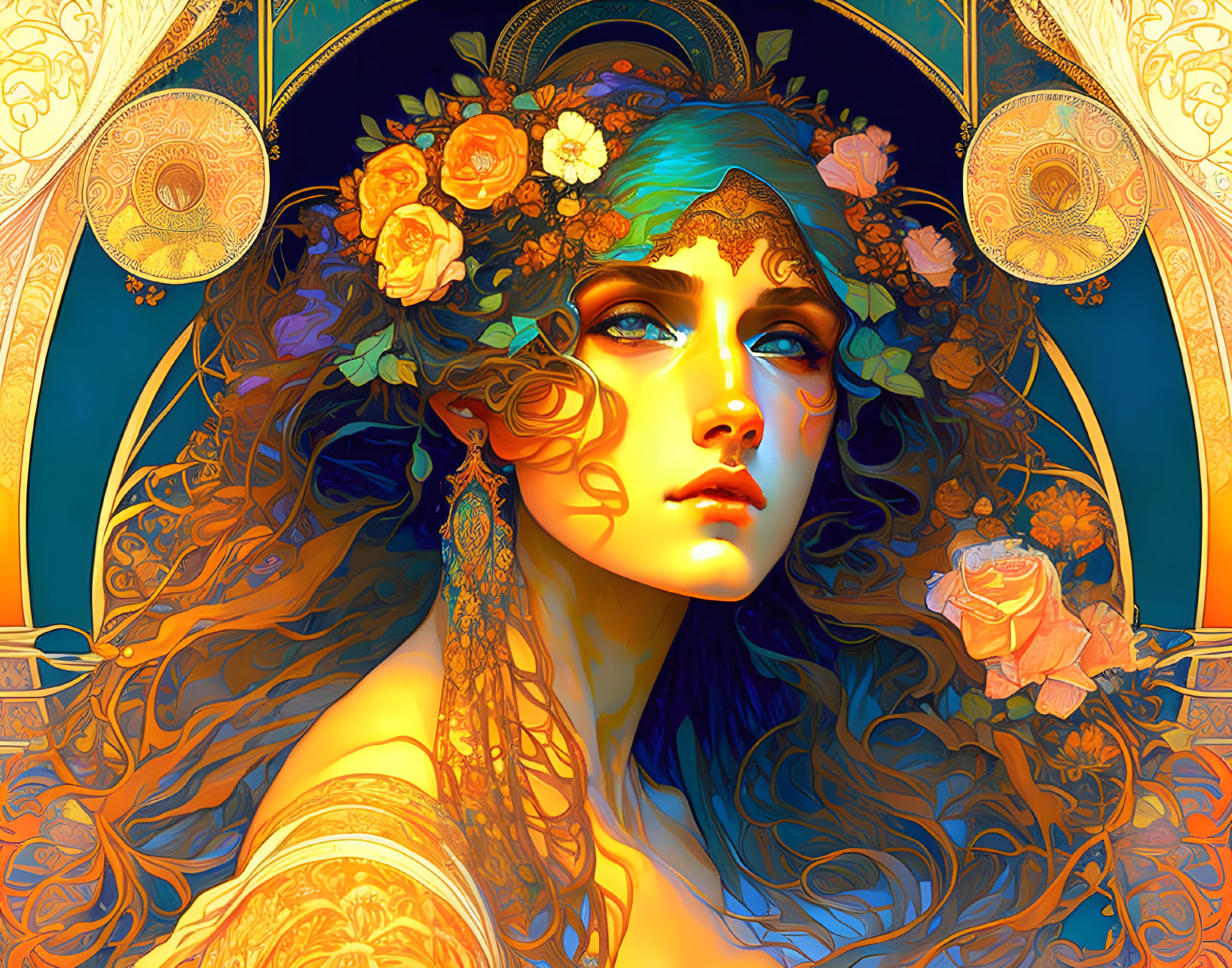 Colorful artwork of woman with floral crown and intricate jewelry against Art Nouveau background