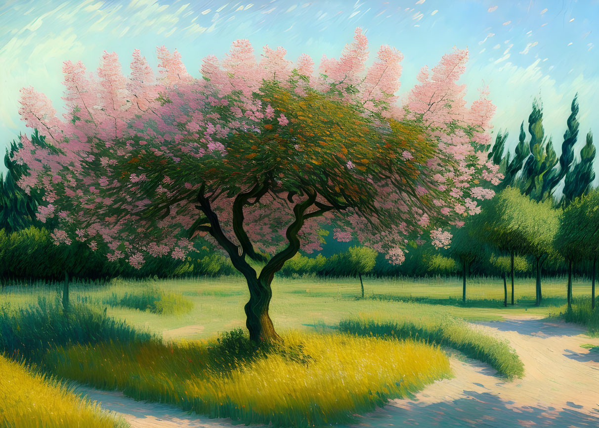 Lush landscape painting with pink tree and yellow flowers