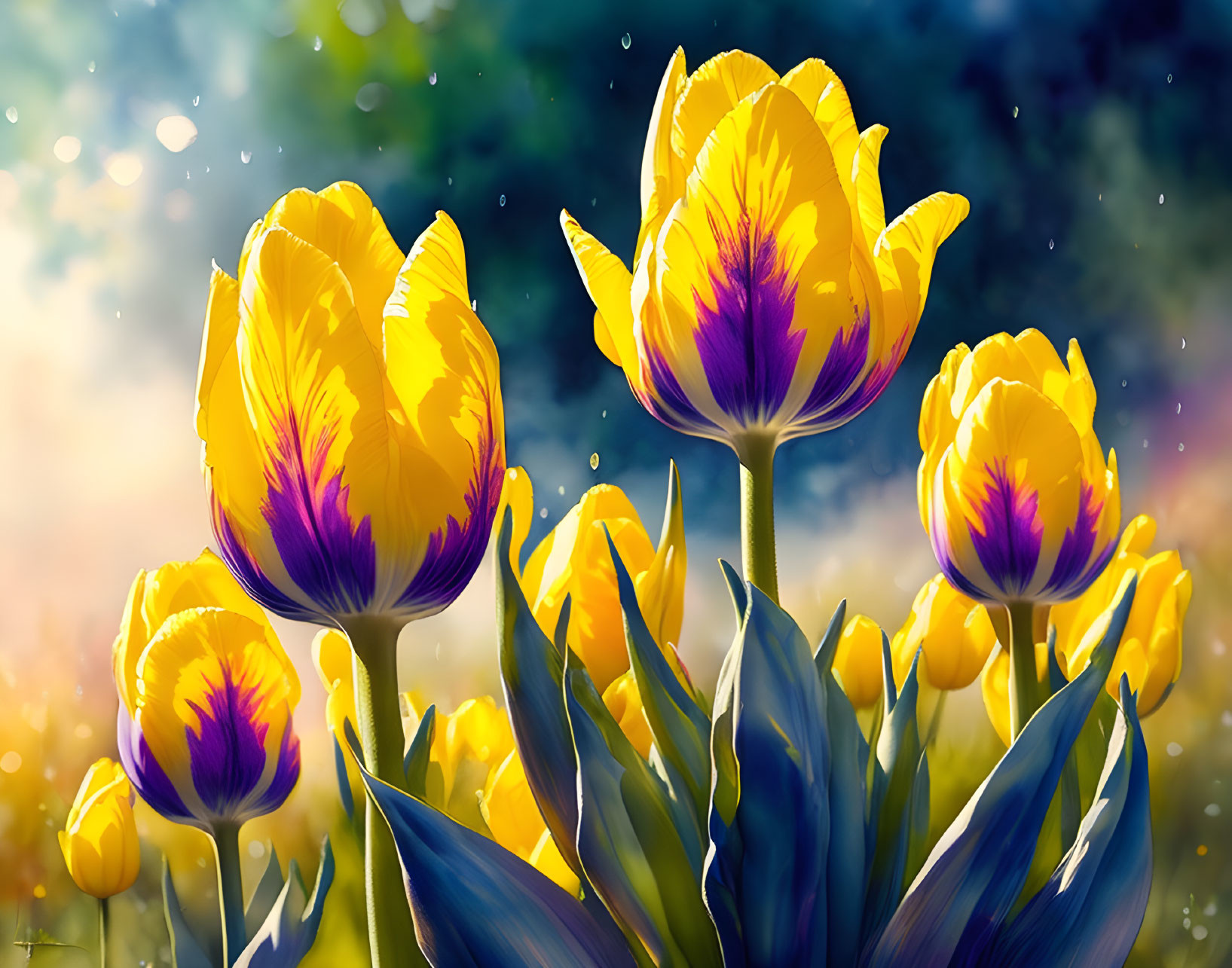 Yellow Tulips with Purple Accents in Sunlit Garden