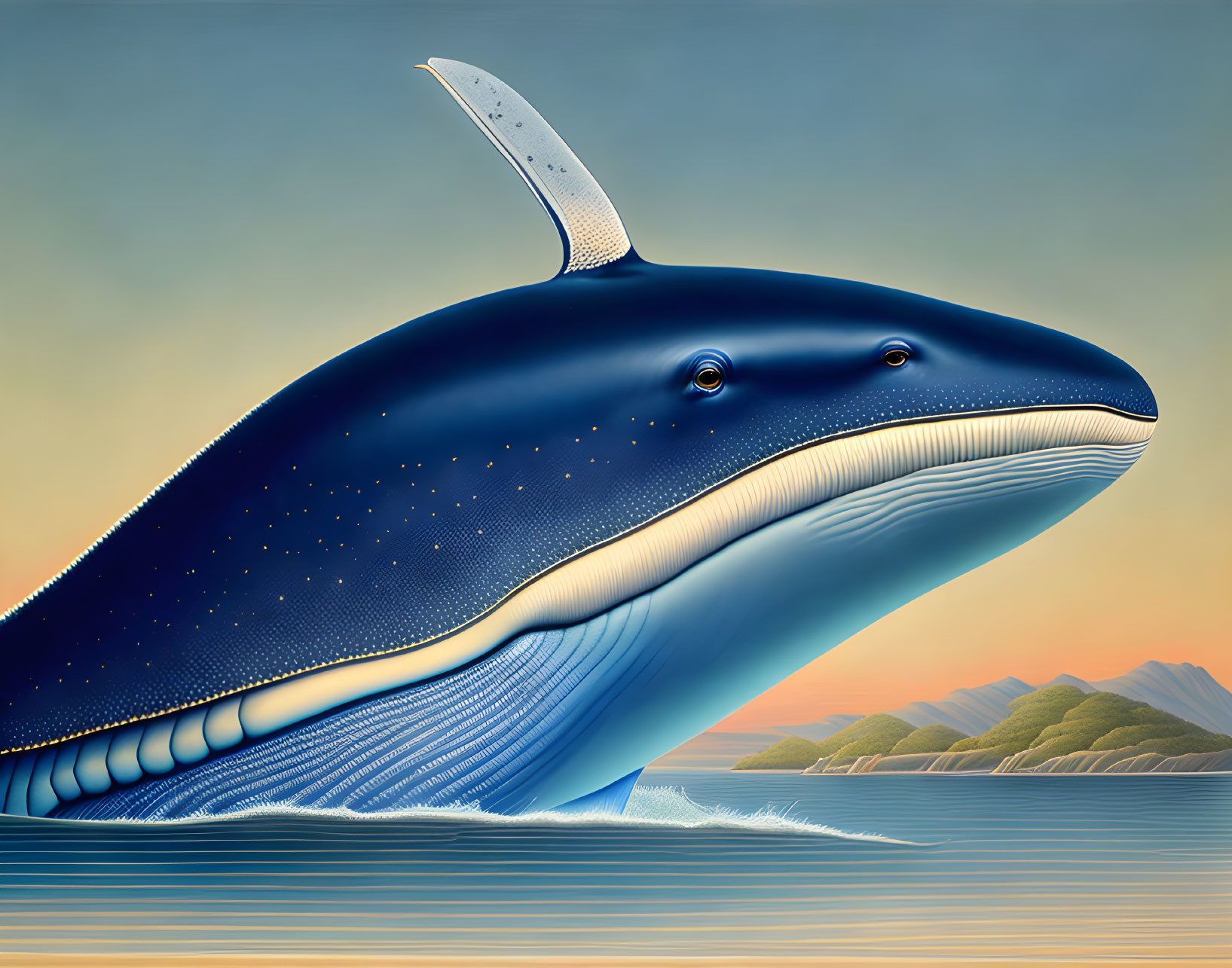 Stylized blue whale with starry patterns in ocean sunset landscape