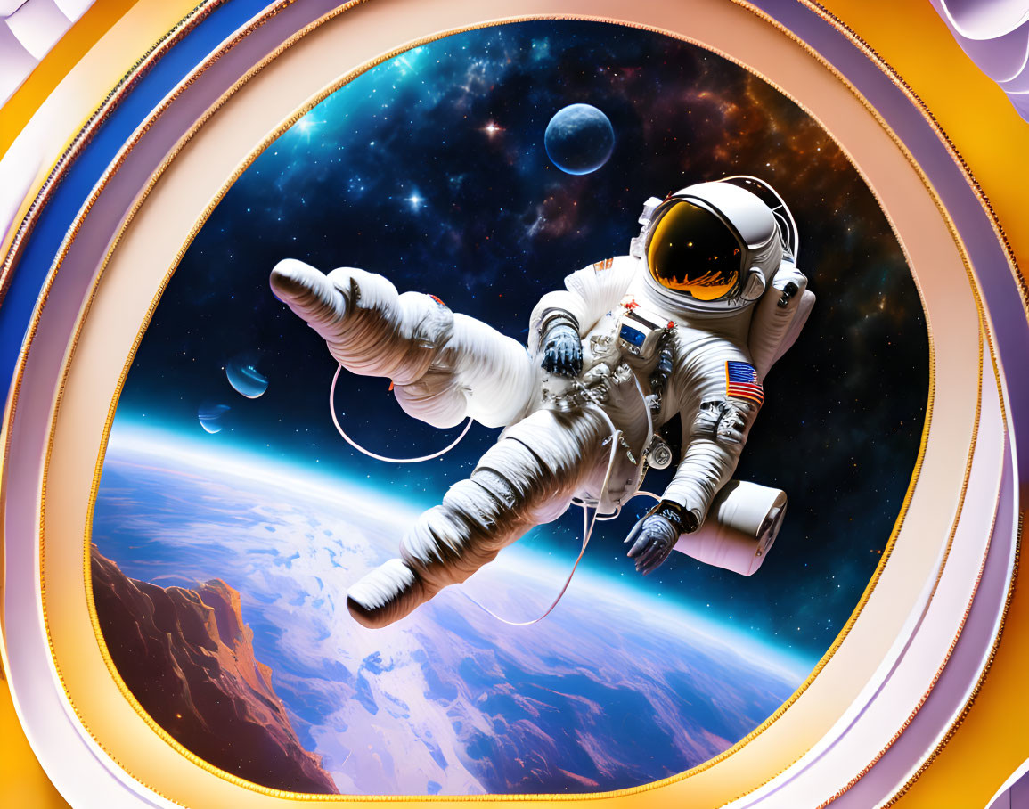 Astronaut floating in space with Earth and celestial bodies in colorful border