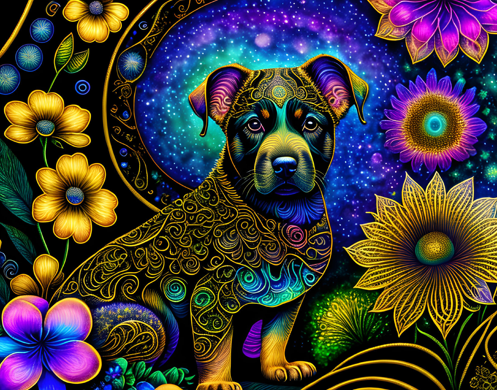 Colorful digital artwork: Stylized dog with intricate patterns in cosmic floral setting