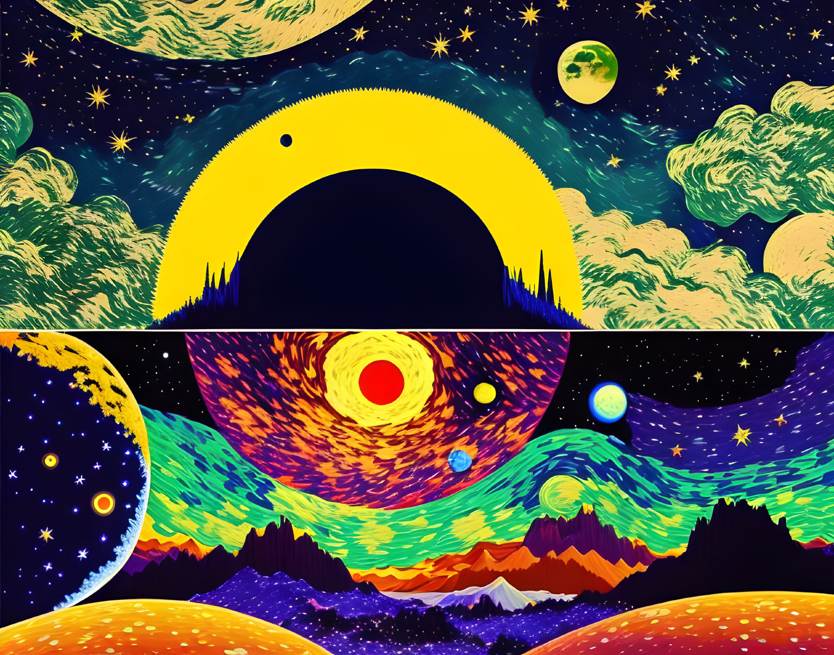 Vibrant cosmic scenes with crescent moon and planets blend Starry Night elements and fantasy art