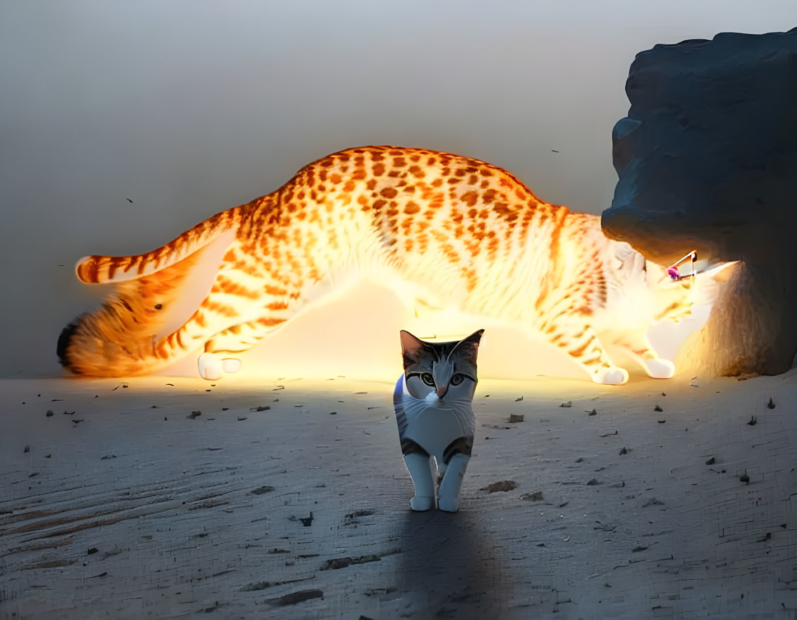 Small cat with giant translucent leopard projection creating illusion