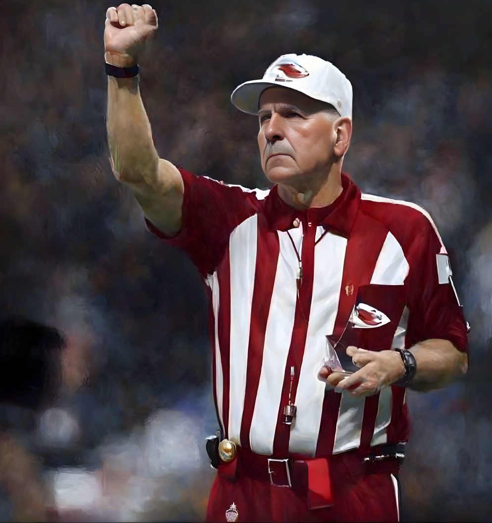 Sports game referee in striped shirt making call with blurred crowd.