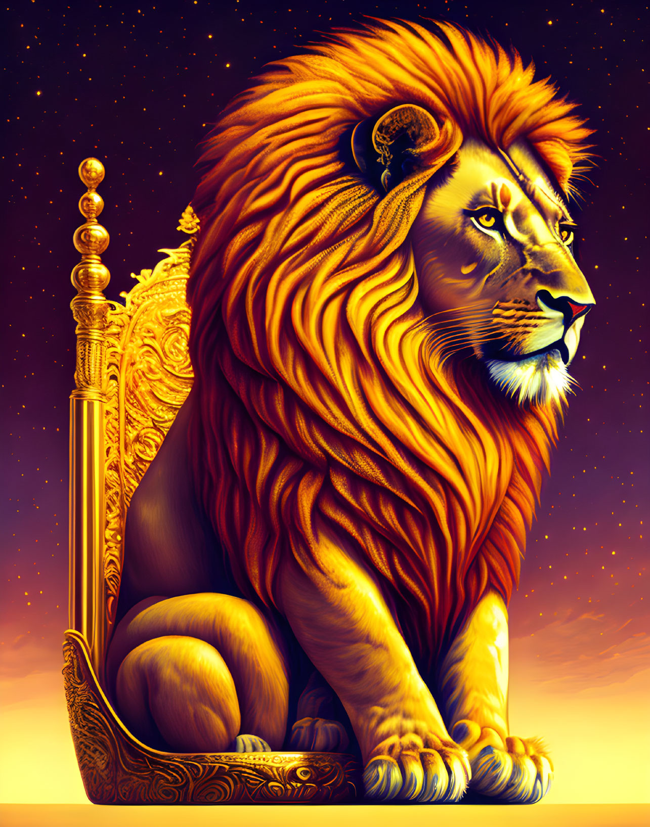 Regal lion with vibrant orange mane on golden throne under starry night sky