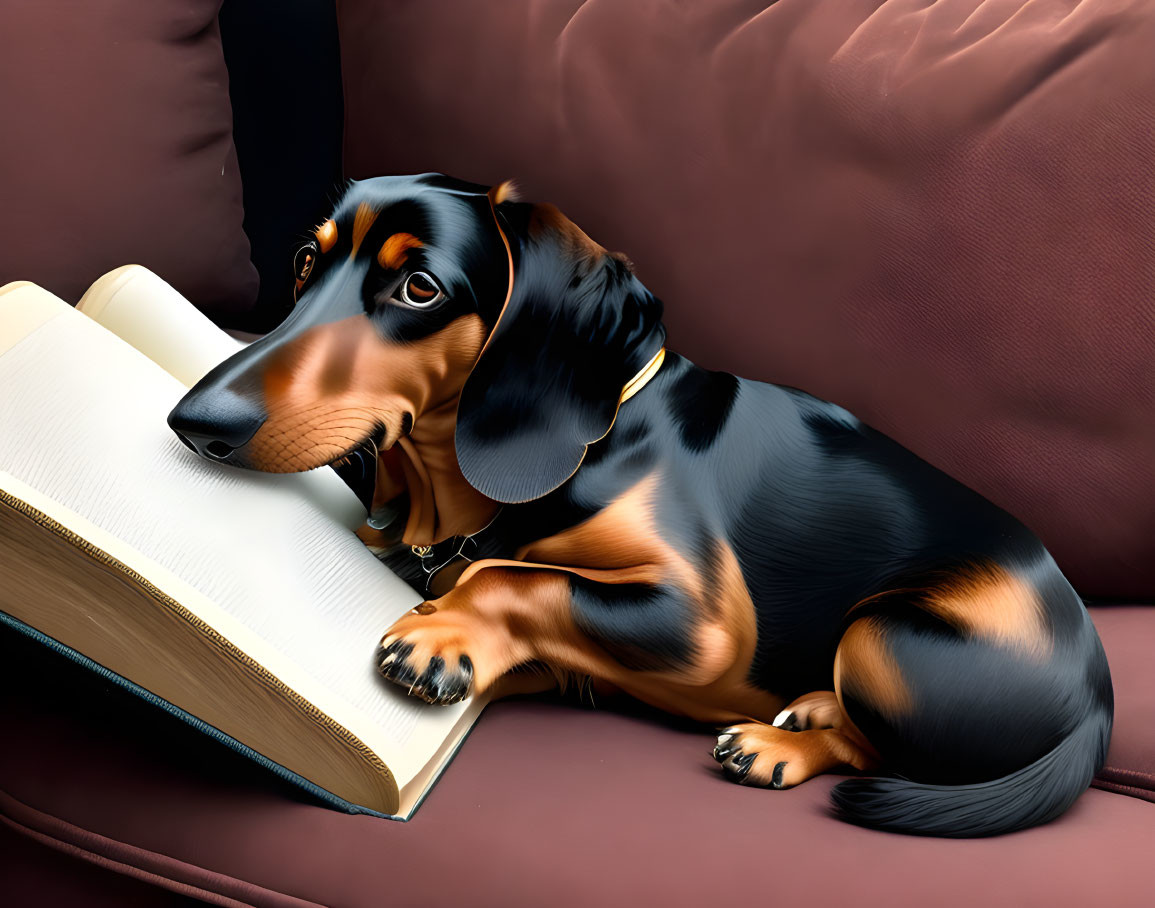 Dachshund dog on couch looking at open book