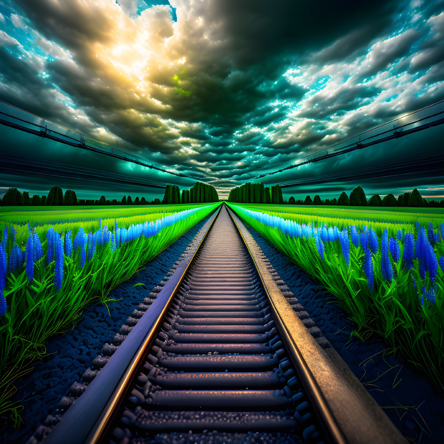 Scenic railroad tracks through fields under dramatic sky