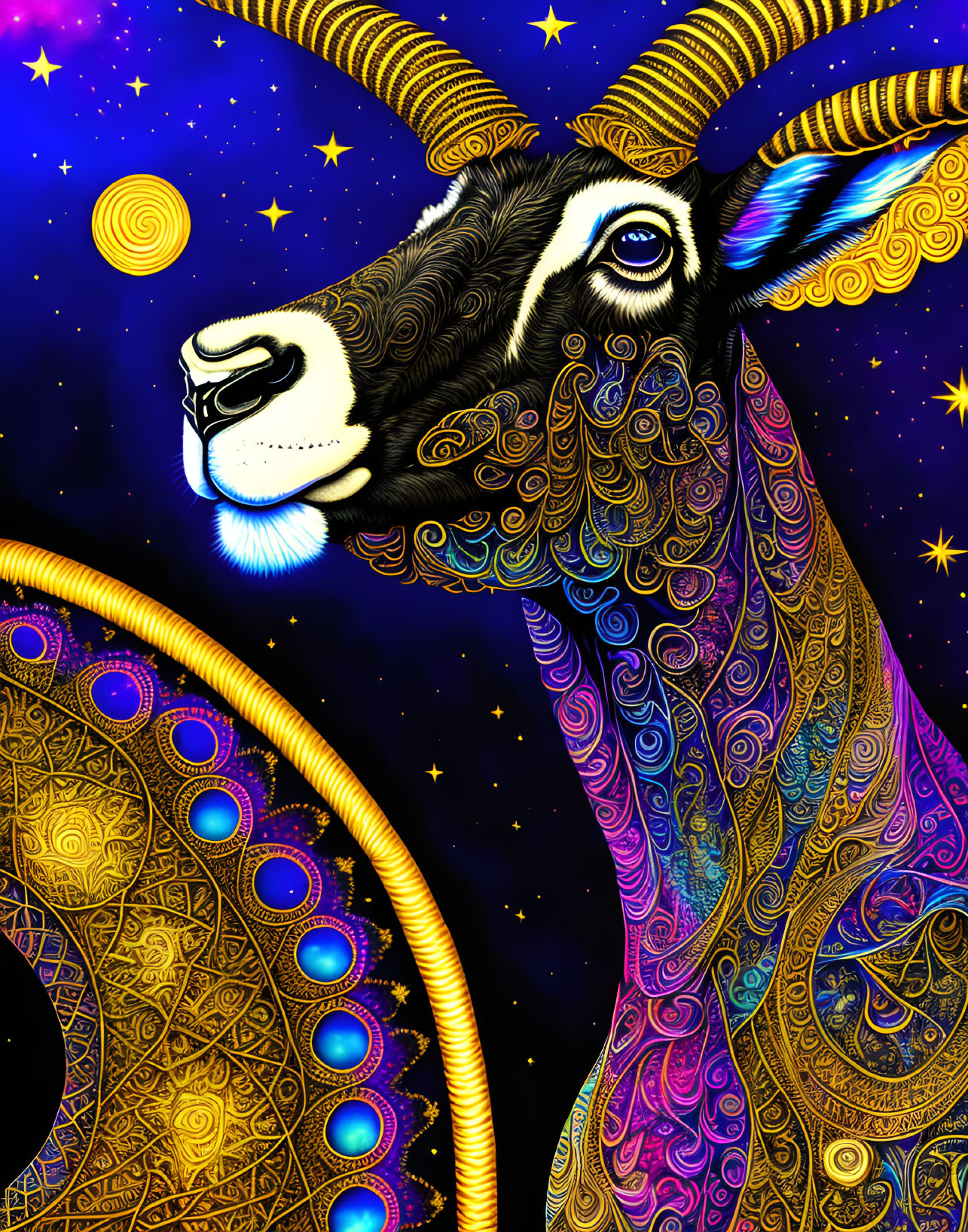 Colorful Giraffe Illustration with Intricate Patterns Against Starry Night Sky