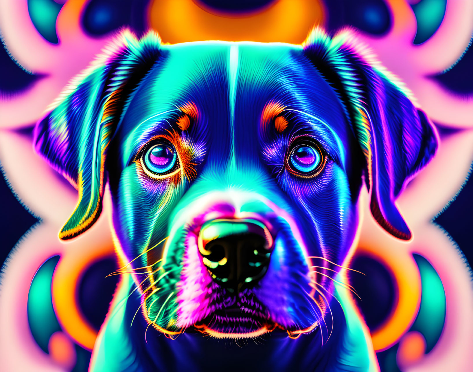 Colorful digital artwork: Neon dog with psychedelic patterns