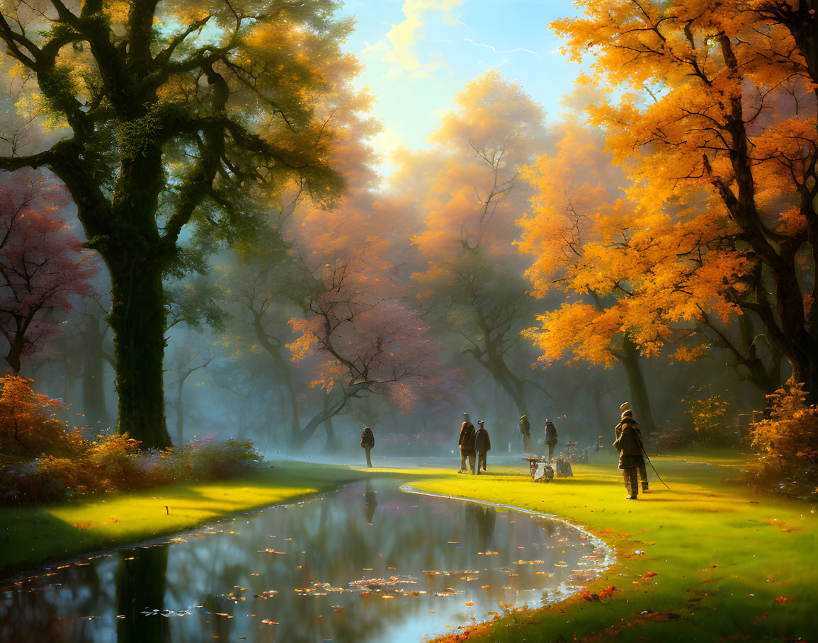 Tranquil autumn park with river, golden foliage, and walkers