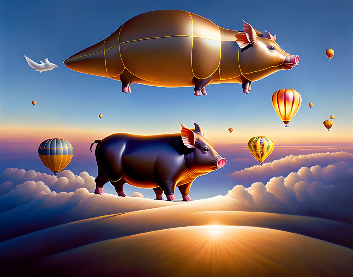 Whimsical pig hot air balloons soar at sunset