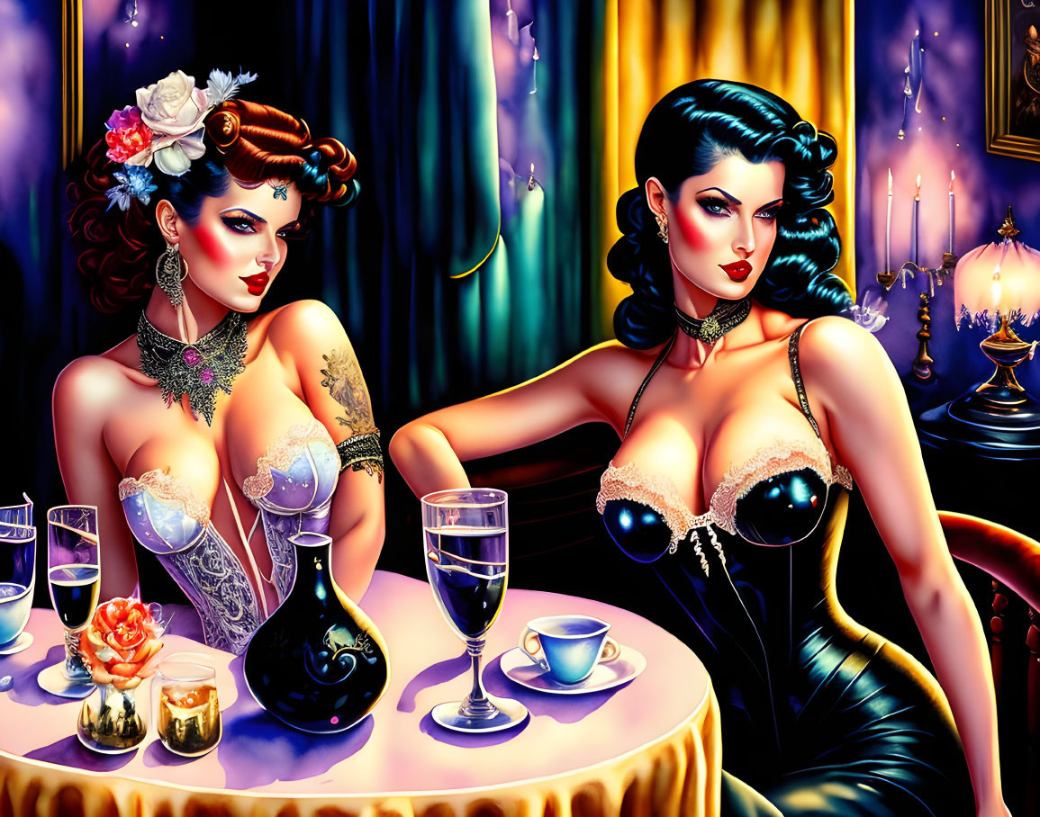 Stylized animated women in glamorous attire at a vintage table setting